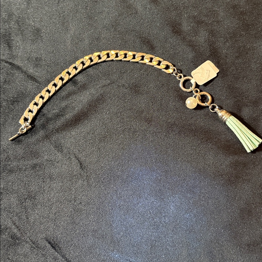 NWT Silver Chain Bracelet w/ SeaFoam Green Tassel & Pearl 2 toggles 7”-7.75”